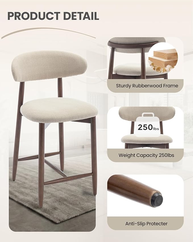 Bar Stools Set of 2, 25.6″ Counter Height Bar Stools with Wood Legs, Upholstered Modern Kitchen Barstools for Kitchen Island Dining Room Bar, Beige
