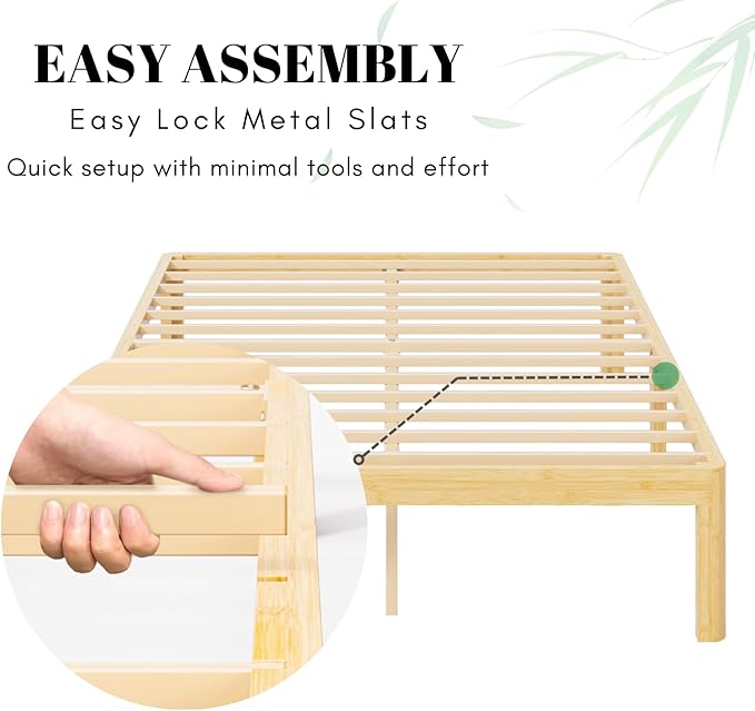 12 Inch High Bamboo Wood Full Size Bed Frame, Metal Slats Support Bed Frames Full, Reinforced, Noise Free, No Box Spring Needed, Easy Assembly