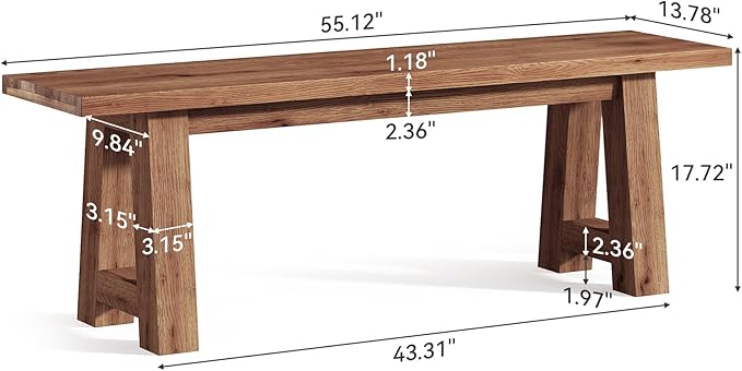 55" Solid Wood Entryway Bench, Farmhouse Long Wood Bench Dining Seat for Living Room, Dining Room, Hallway, Rustic Brown