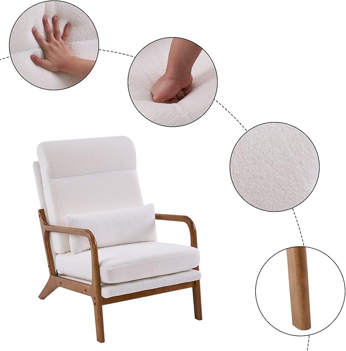 Karl home Accent Chair Mid-Century Modern Chair with Pillow High Back Teddy Fleece Upholstered Lounge Arm Chair with Solid Wood Frame & Soft Cushion for Living Room, Bedroom, Balcony, White