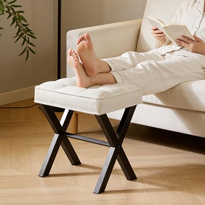 Modern Square Foot Stool Ottoman, Upholstered Vanity Chair with Metal X-Legs & Soft Linen Fabric - Versatile Seat and Footrest for Makeup, Living Room, Bedroom& Entryway(X-Black-White)