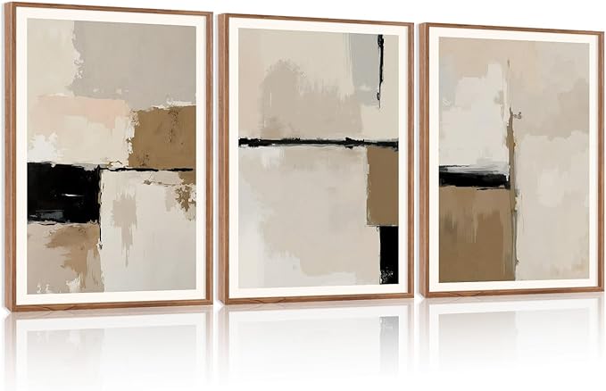 HPINUB Modern Abstract Framed Canvas Wall Art Set,(Set of 3,12X16 Inch) Geometric Line Black White and Beige Textured Wall decor Neutral Gray Minimalist Art Print for Living Room,Dining Room,Office