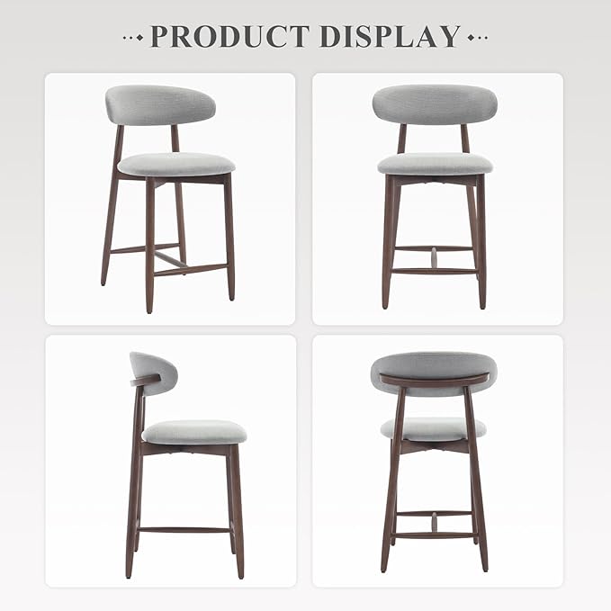 Upholstered Counter Height Bar Stools Set of 3, Kitchen Island Stools with Back, Modern Counter Stools Island Bar Chairs with Wood Legs for Kitchen Island Dining Room Bar, Light Grey