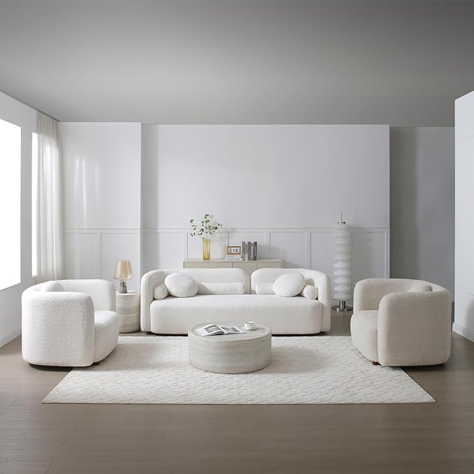 Curved Sofa Set for Living Room, 3-Seater Upholstered Boucle Fabric Modern Sofa Set of 3 Piece Couch Set Minimalist Sofa with Oversized Single Sofa Chair Modern Sofa Set Home Bedroom Office White