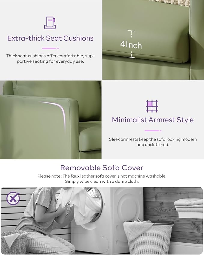 TYBOATLE Faux Leather Modern Small Couches for Small Spaces, Comfy Upholstered Love Seat for Bedroom, 2 Seater Mini Couch for Apartment, Dorm, Office, Green