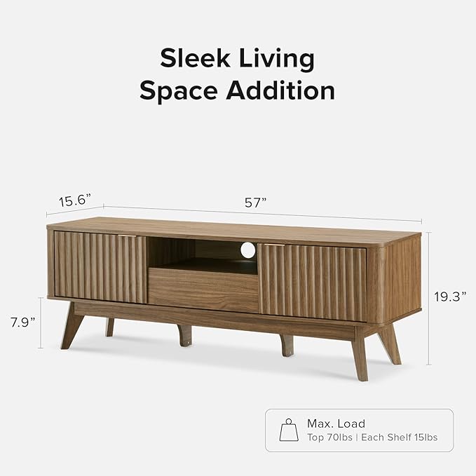 mopio Brooklyn Mid-Century Modern TV Stand, for TVs up to 50” / 59" Waveform Panel, Sleek Curved Profile with Adjustable Shelf and Sturdy Box Frame Leg (Natural Walnut, 57")