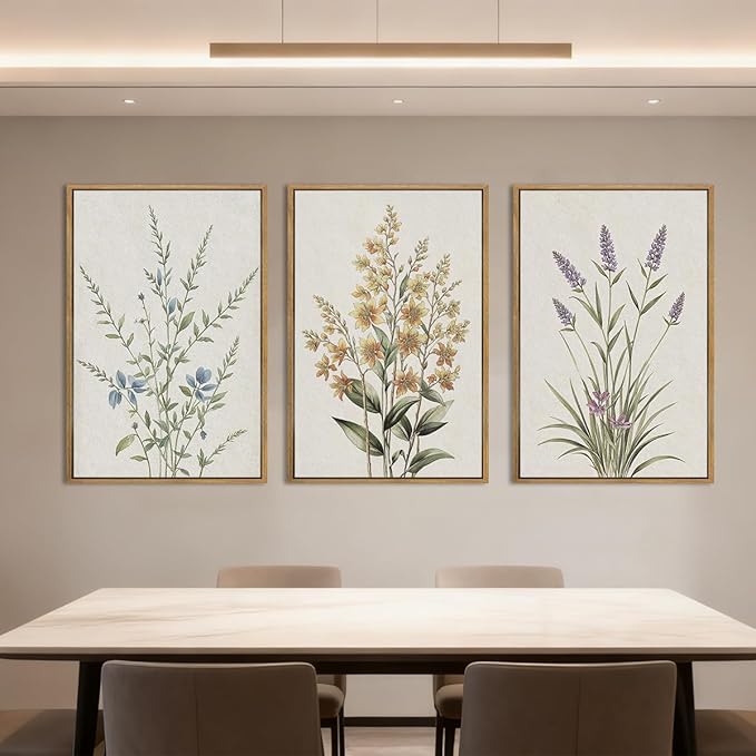 Anyzal Extral Large Botanical Framed Wall Art 24x36 Inch Neutral Floral Canvas Wall Decor Minimalist Beige Wildflower Painting for Living Room Bedroom Dining Room Set of 3
