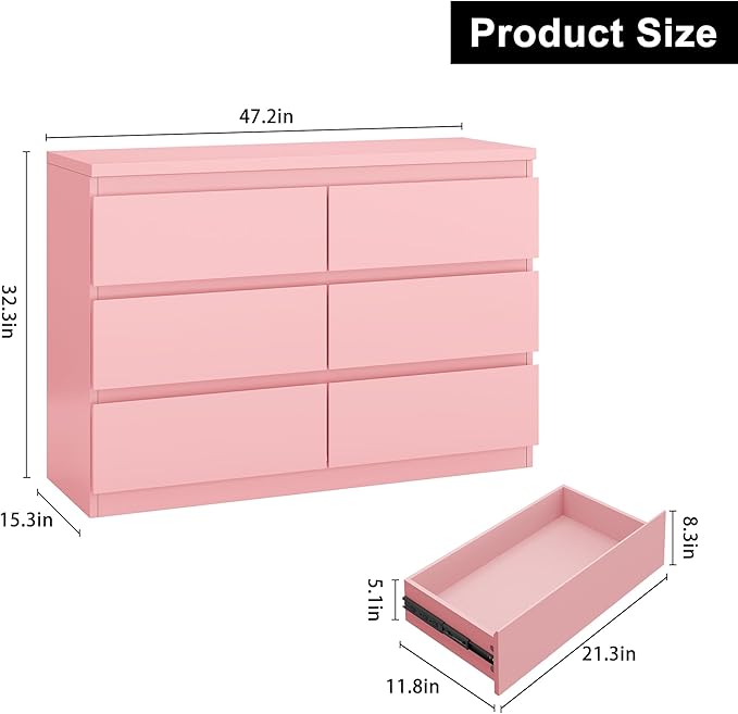 Jocoevol Modern Pink 6 Drawer Dresser - Simply Chest of Drawers for Bedroom, Closet, Living Room, Hallway, Entryway, Wood Storage Double Dresser with Smooth Metal Rails - Pink