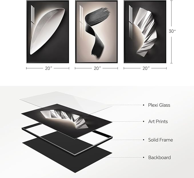 Large Framed Modern Abstract Wall Art 3 Piece Set, Black and White Decorative Artwork, Minimalist Trendy Line Geometric Bright Style Pictures Prints for Living Room Hallway and Office 20x30 Inch
