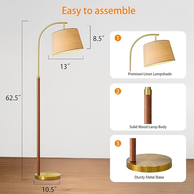 G-SAFAVA 62.5" Wood Floor Lamp for Living Room Gold with Foot Switch Arc Standing Tall Lamps for Bedroom Mid Century Modern Corner Floor Lamps for Office Nursery Industrial Reading Light Room Lamp