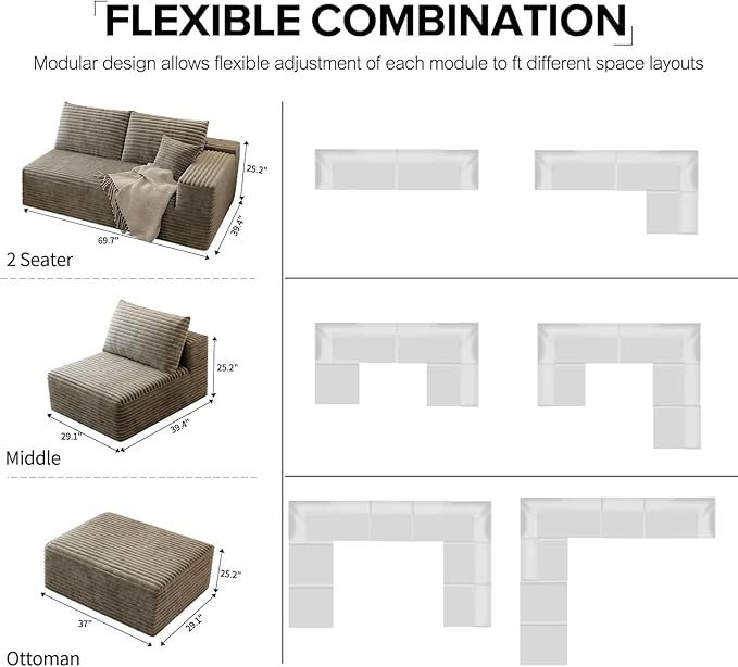 139.4" Modular Sectional Sofa, U-Shaped Minimalist Couches with 2 Middle Seats, Modern Deep Seat Convertible Sleeper Sofa Bed,Cloud Plush Corduroy Fabric, No Assembly Required, 6 Seater, Camel