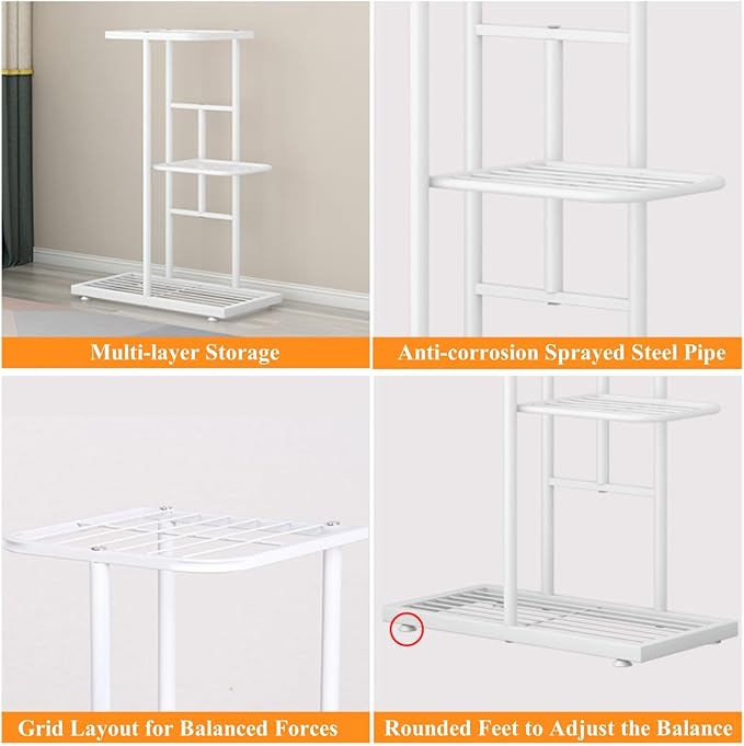 Plant Stand Metal 3 Tier 4 Potted Multiple Flower Pot Holder Shelf Indoor Outdoor Planter Display Shelving Unit for Patio Garden Corner Balcony Living Room (White)
