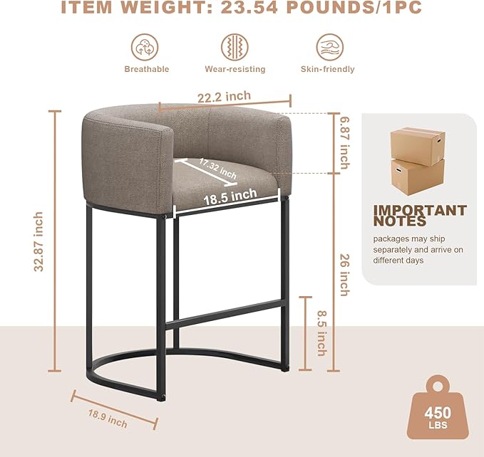 26" H Counter Height Bar Stools Set of 2, Modern Barrel Counter Stools with Backrest and Arms, Linen Fabric Upholstered Accent Barstools for Kitchen Island,Support 450 LBS (Sand)