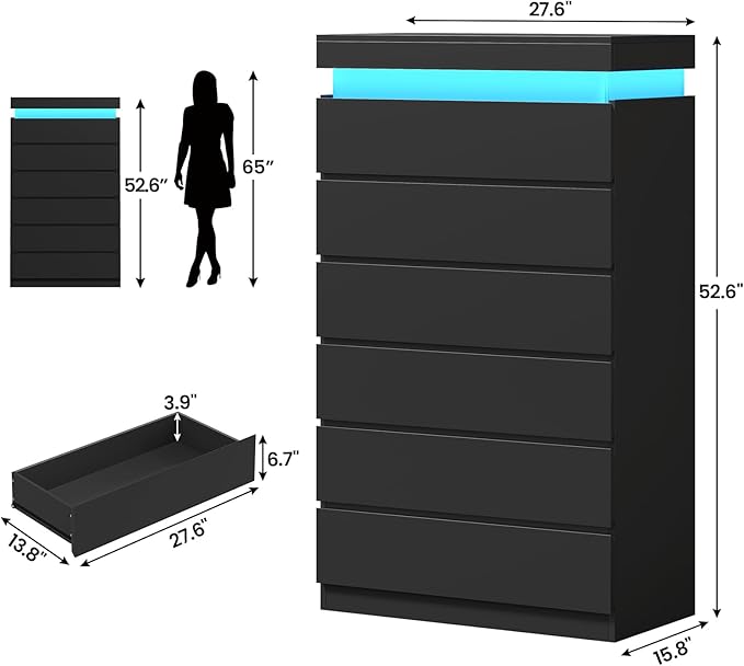 HAUOMS Tall 6 Drawer Dresser with LED Light, Black Modern Chest of Drawers for Bedroom,Closet Dressers with Drawers for Living Room, Entryway, Hallway