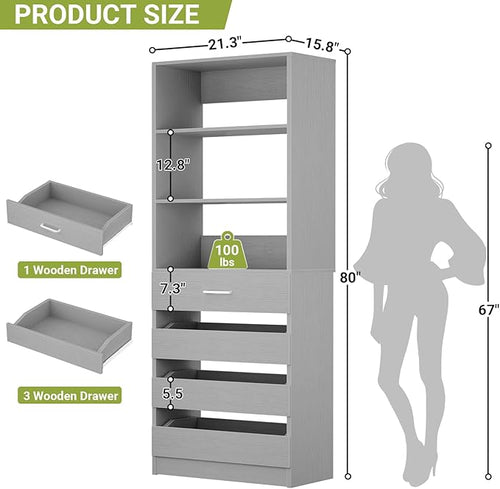 Aheaplus 21.3" Closet System with 4 Drawers, Wood Closet Organizer with Open Shelves, Modular Drawers System Tower, Walk-in Closet Small Wardrobe Rack, Tall Storage Cabinet Unit, Grey1