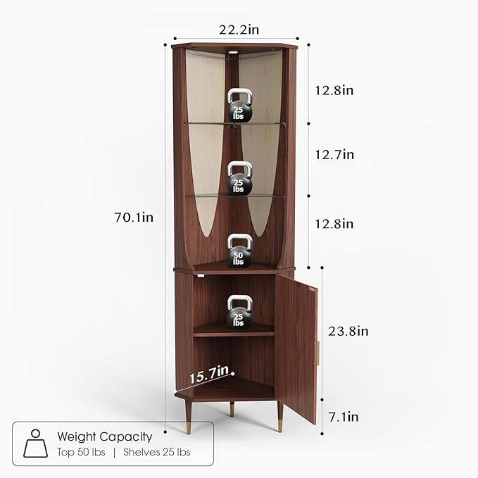 JOINICE 70" Tall Corner Bar Cabinet, Mid-Century Modern Fluted Storage Cabinet with Glass Shelves, Door & LED Lighting, Space-Saving Liquor Cabinet for Living Room, Kitchen, or Dining Room, Walnut