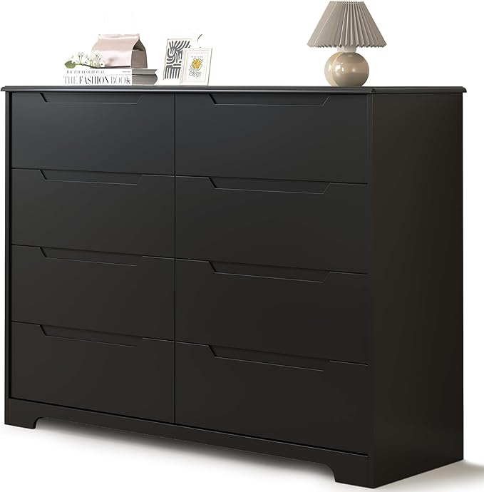 Gizoon 8 Drawer Dresser, 47" Wide Black Dresser for Bedroom with Cut-Out Handles, Modern Wooden Chest of Drawers with Anti-Tip Kit, for Living Room, Hallway, Entryway, Home Office
