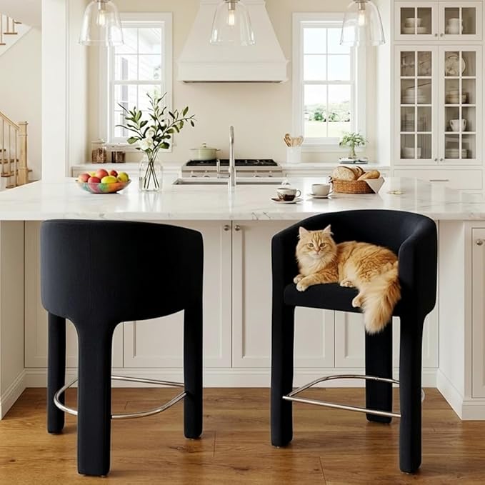 HNY Modern Counter Height Bar Stools Set of 2, 26" H Barrel Counter Stools for Kitchen Counter, Upholstered Barstools with Back and Armrest, Black Velvet Bar Stools for Kitchen Island, Black