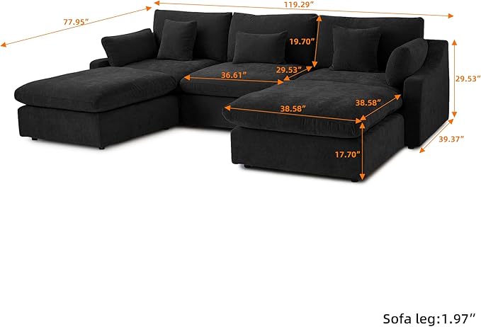119" U Shape Cloud Modular Couches for Living Room, Modern Sectional Sofa with Chaise Ottomans, Deep Seat Couch Cushion Covers Washable&Removable, Sectional Sofas for Home Office Apartment (Black)