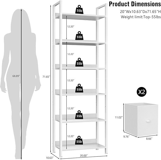 Furologee White 6 Tier Bookshelf with Drawers, Tall 71" Bookcase with Shelves, Modern Wood and Metal Bookshelves Storage Organizer, Display Free Standing Shelf Unit for Bedroom, Living Room, Office