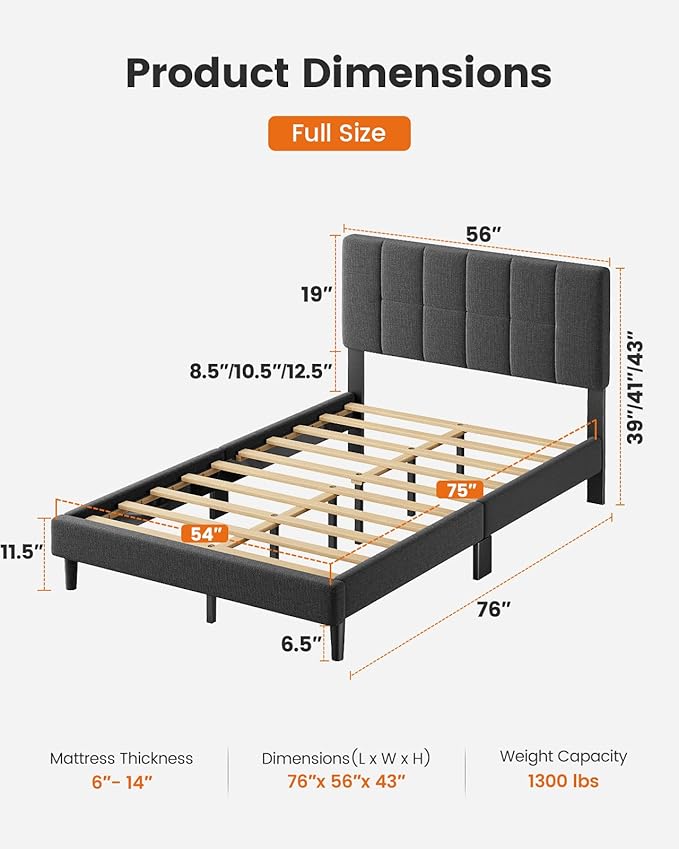 Pipishell Full Size Bed Frame with 12 Thickened Legs&Fabric Upholstered Headboard,1300 Lbs Weight Capacity, Adjustable Headboard, No Box Spring Needed, Easy Assembly, Underbed Storage（Solid Wooden）