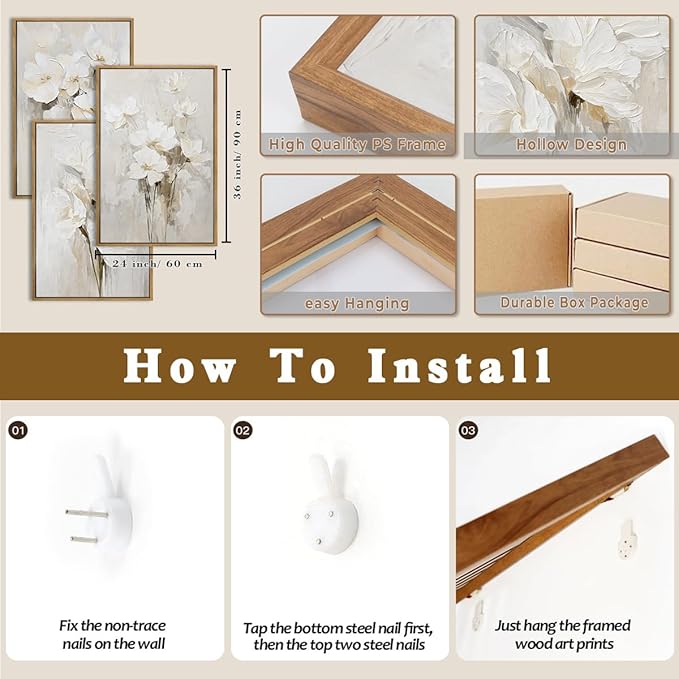 Anyzal Large Framed Beige Floral Wall Art Neutral Flower Wall Decor for Living Room Bedroom Dining Room 24x36 Inch Set of 3