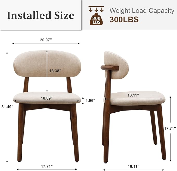 Farmhouse Dining Chairs Set of 8, Mid Century Modern Fabric Upholstered Kitchen Chairs, Wooden Dining Room Chair with Curved Back for Kitchen Dining Room Restaurant Cafe, Light Camel (Only Chairs)