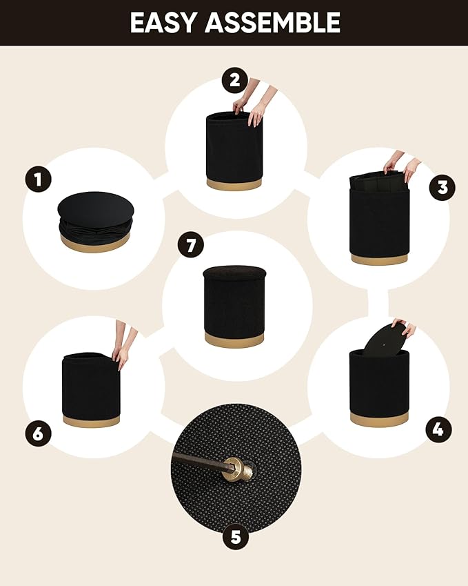 B FSOBEIIALEO Ottoman with Stroage, Round Boucle Storage Ottoman with Gold Plating Base,Foot Rest Stool for Dorm Room, Living Room Black, 14.76"x14.76"x16.34"