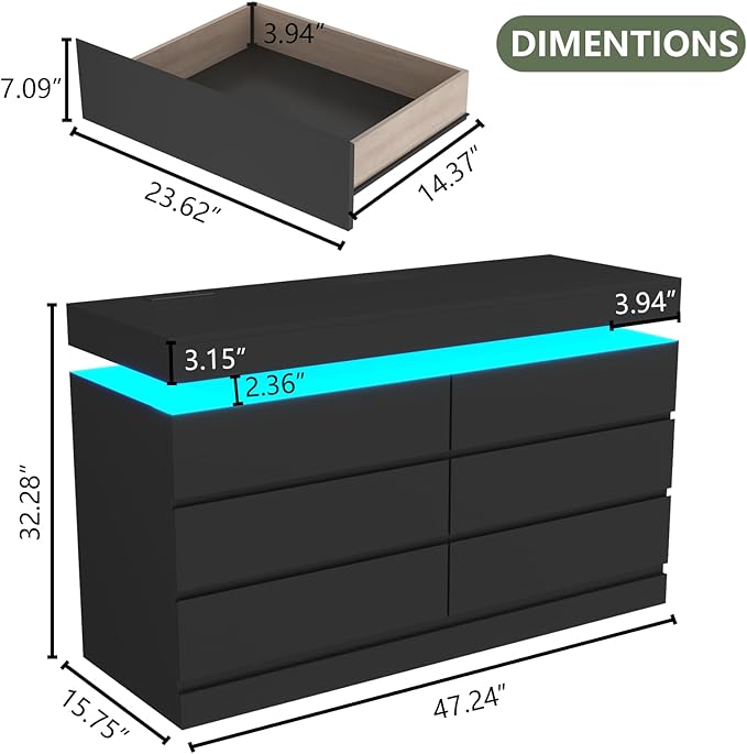 Gyfimoie 6 Drawer Dresser with Power Outlet, Dresser with LED Light, Modern Chest of Drawers for Closet, Double Wide Drawer Organizer Cabinet for Bedroom, Living Room (Black, 6 Drawers)