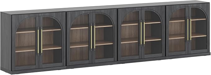 BELLEZE 4-Piece Modular TV Stand Set -Modern Entertainment Center with Arched Glass Door,Sideboards with Storage and Adjustable Shelves,Classic Media Console Table Cabinet for Living Room (Ebony)
