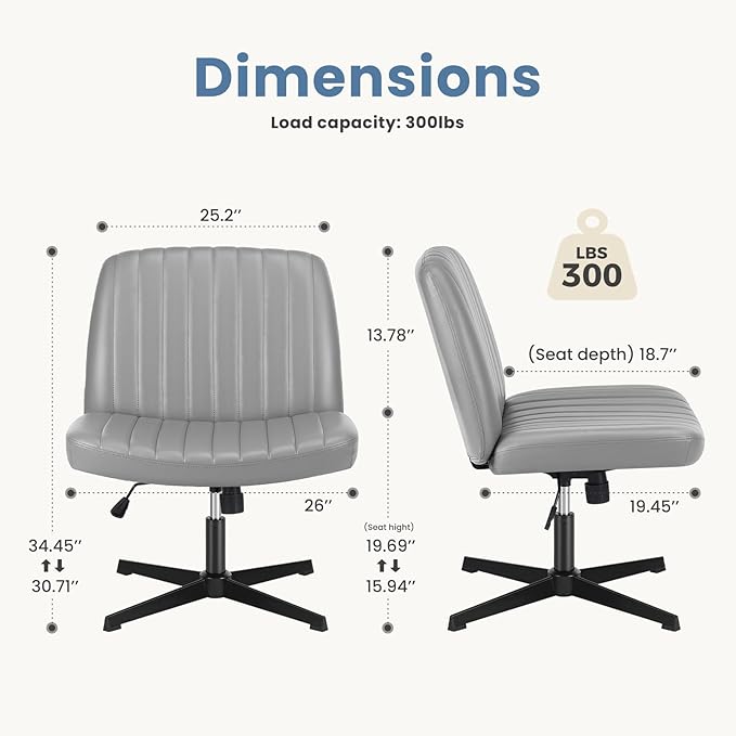 DUMOS Criss Cross Chair Legged Office Chair, Wide Comfy Desk Seat, Armless Computer Task Chairs, Swivel Vanity Home Chair No Wheels,Height Adjustable