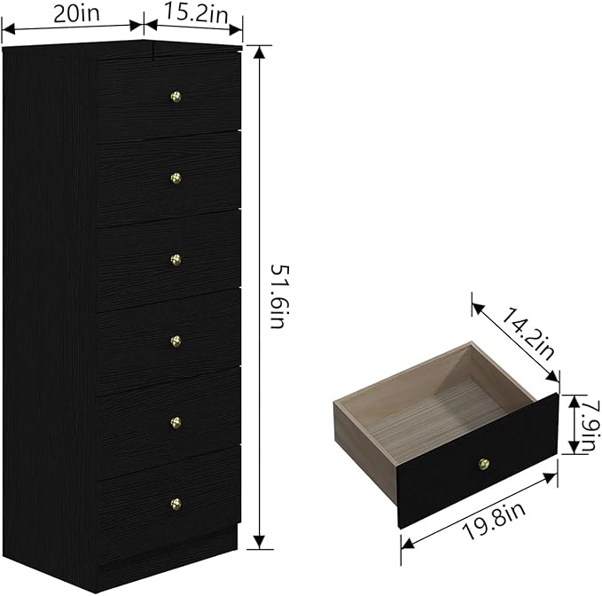 Panana Modern 6 Drawer Vertical Dresser, Wood Tall Chest of Drawers N Arrow Storage Organizer with Wide Drawers & Metal Gold Handles for Bedroom, Living Room, Office, Hallway, Entryway (Black)