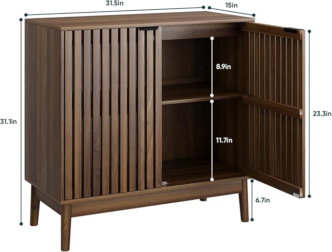 Kiasthome Wooden Sideboard Buffet Cabinet with Slatted Ventilation Doors & Adjustable Shelf, Sideboard Cabinet Storage Cabinet with Ample Storage for Dining Room Entryway (Walnut)