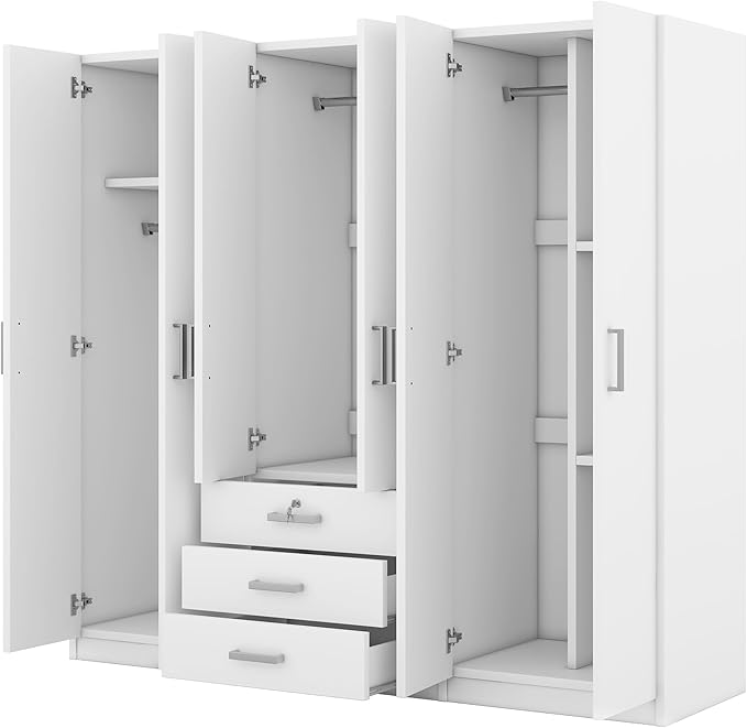 6 Door Armoire Wardrobe Closet with Big 3 Drawers, Wooden Freestanding Bathroom Armoire Cabinet with Shelves and Hanging Rod, Clothes Storage Organizer for Bedroom, Guest Room (White-8)