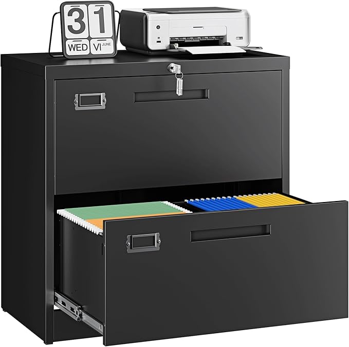 Letaya 2 Drawer File Cabinets with Lock,Metal Lateral Filing Storage Cabinet Printer Stand,Black Steel Home Office Cabinet for Hanging Files Letter/Legal/A4 Size (Black, H27.95×W28.35×D15.74)