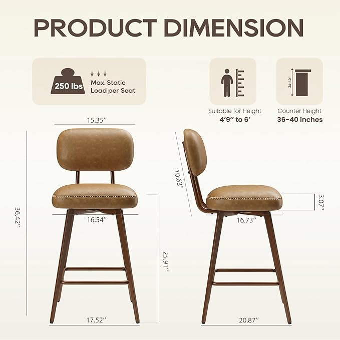 MALOL 26“ PU Leather Swivel Bar Stools Set of 3, Mid Century Counter Height Bar Chairs with Low Back and Metal Legs, Modern Bar Stool Chair for Kitchen Island, Brown