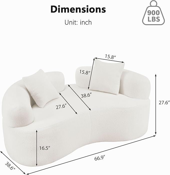 66.93 Inch Curved Loveseat Sofa with High - Density Foam Cushion, Full Compression Modular 2-Seater Couch, No Assembly Required, for Small Spaces & Living Room, Cream White