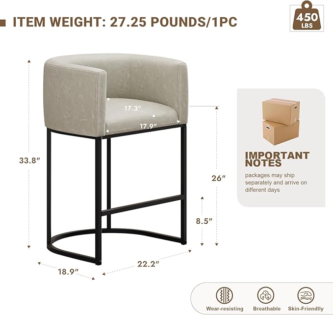 26" H Counter Height Bar Stools Set of 2, Modern Barrel Counter Stools with Backrest and Arms, Faux Leather Upholstered Accent Barstools for Kitchen Island,Support 450 LBS (Grayish White)