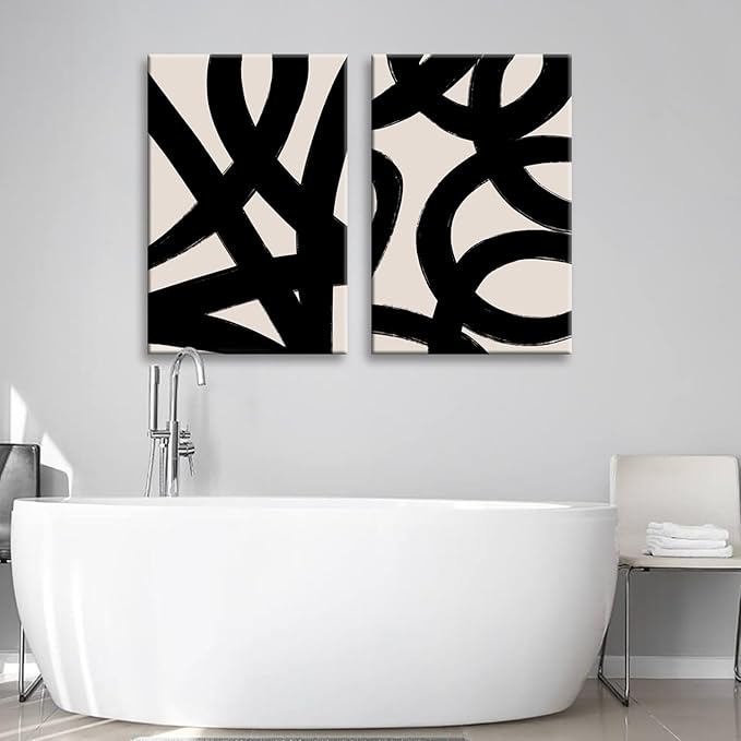Framed Abstract Wall Art Canvas Set Lines Pictures Modern Mid Century Boho Wall Decor Minimalist Abstract Black Stroke Lines Canvas Painting Artwork Living Room Bedroom Home Office 16"x24"x2