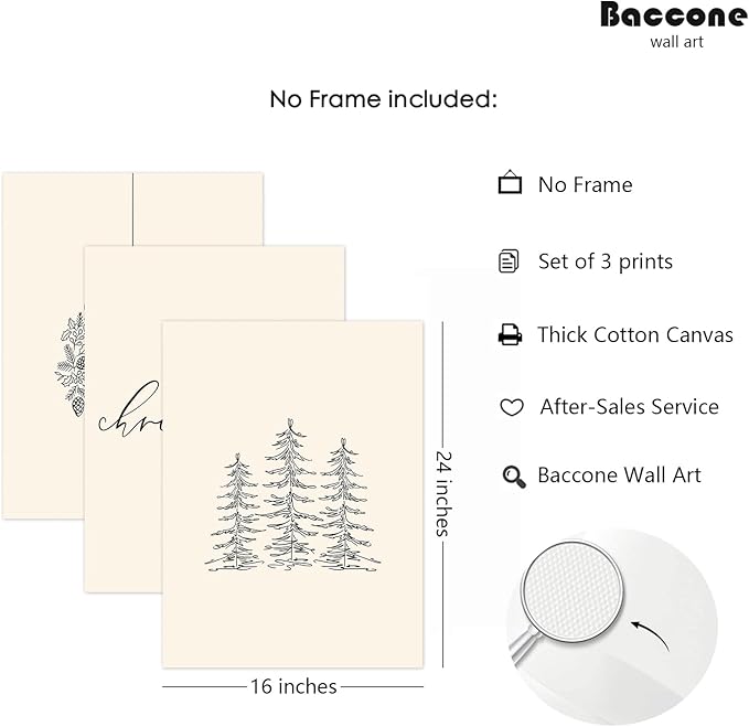Baccone Christmas Wall Art Winter Xmas Canvas Decor Merry Christmas Wall Art Minimalist Vintage Painting Beige Farmhouse Prints Holiday Poster for Bathroom 16x24x3 Inch Unframed
