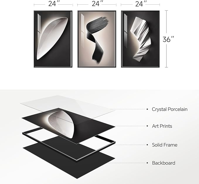 Large Framed Modern Wall Art for Living Room, 3 Piece Black and White Abstract Contemporary Pictures Artwork Decor, Geometric Luxury Bright Style Prints Paintings for Hallway and Office 24x36 Inch