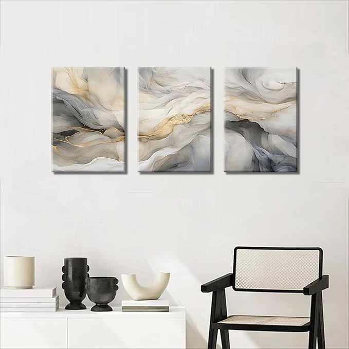 White and Grey Canvas Wall Art Set of 3 Abstract Beige Gold Marble Fluid Wall Decor Pictures Neutral Modern Minimalist Posters Prints for Living Room Bedroom Home Decoration 12x16in
