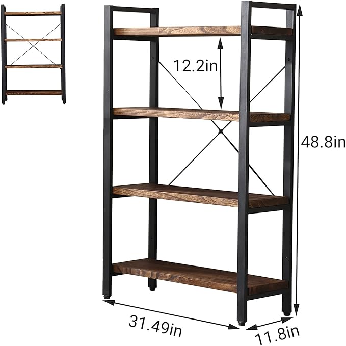 WH-AOERPUMY Solid Wood Bookshelf,4 Tier Rustic Vintage Industrial Etagere Bookcase, Open Metal and Wood Vintage Book Shelf, Retro Brown (RealWood)(4-Tier)