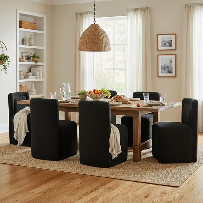 Hyfirm Black Upholstered Dining Chairs Set of 6, Mid-Century Scandinavian Parsons Armless Chairs in Boucle Fabric with Plush Seat Cushion for Diningroom Bedroom Livingroom Reading Room
