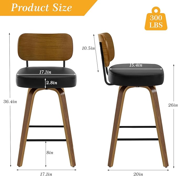 Bekrvio Swivel Counter Height Bar Stools Set of 4, Mid-Century Modern Upholstered Faux Leather Barstools with Wood Back, 26" Seat Height Bar Stools for Kitchen Island, Black Seat and Walnut Frame