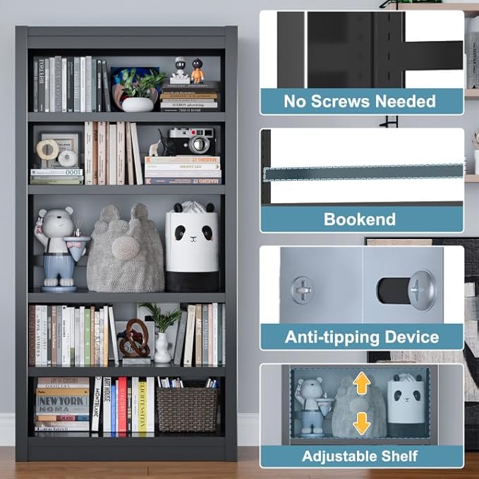 Book Shelf, 5-Tier Sturdy Bookcase, Adjustable Bookshelf, Large Capacity per Shelf, Modern Book Cases for Living Room, Home Office, Garage, Ideal for Home Organization & Stylish Upgrades