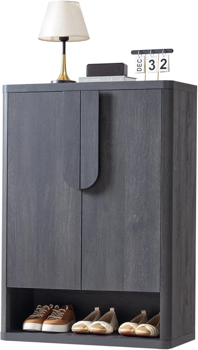 Shoe Cabinet 44" Tall Large Storage Organizer Modern Shoe Rack with Doors & 4 Shelves Minimalist Free Standing 5-Tier Cabinet for Entryway Hallway Living Room,Gray Black,1PC