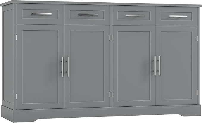 HOSTACK 60" Large Buffet Sideboard with Storage, 36" Tall Kitchen Buffet Storage Cabinet with 4 Drawers, Modern Coffee Bar Cabinet with Silver Handles, Long Sideboard Buffet Table for Kichen, Grey