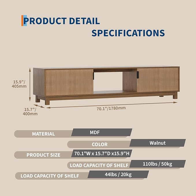 GAOMON 70in Fluted TV Stand, Long Wooden TV Console Mid Century Modern Entertainment Center with Storage Cabinet for TVs Up to 80 Inches Living Room, Walnut