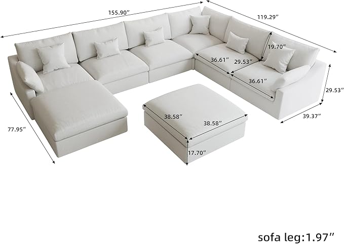 Modular Sectional Sofa Cloud Couch, Oversized 8 Seater Sofa with Ottomans, Extra Large V Shaped Deep Seat Couches for Living Room, Sofa Covers Washable&Removable, White